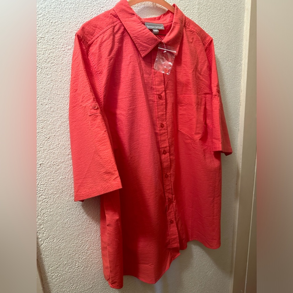 Woman Within Top Women Coral Button Up Seer Sucker Short Roll Tab Sleeve Size 1X